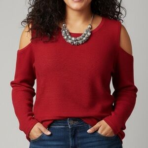 😍 SHOW SPECIAL - CLEO Red Knit Cold Shoulder Top Ribbed Long sleeves XL
